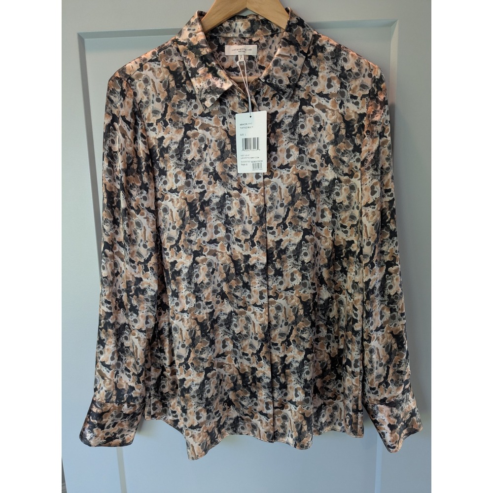 NWT‎ $698 Lafayette 148 New York Silk Blouse Toffee Multi Print Long Sleeve Sz L